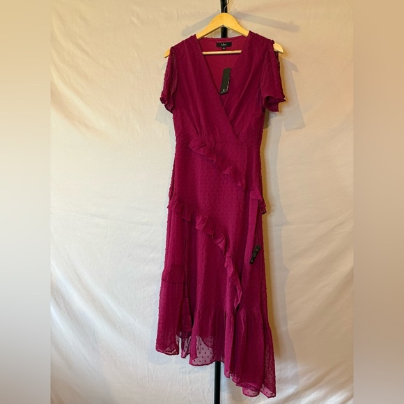 Lulus Women’s Next to You Wine Swiss Dot Ruffled Midi Asymmetrical Dress, Xsmall - Picture 5 of 8